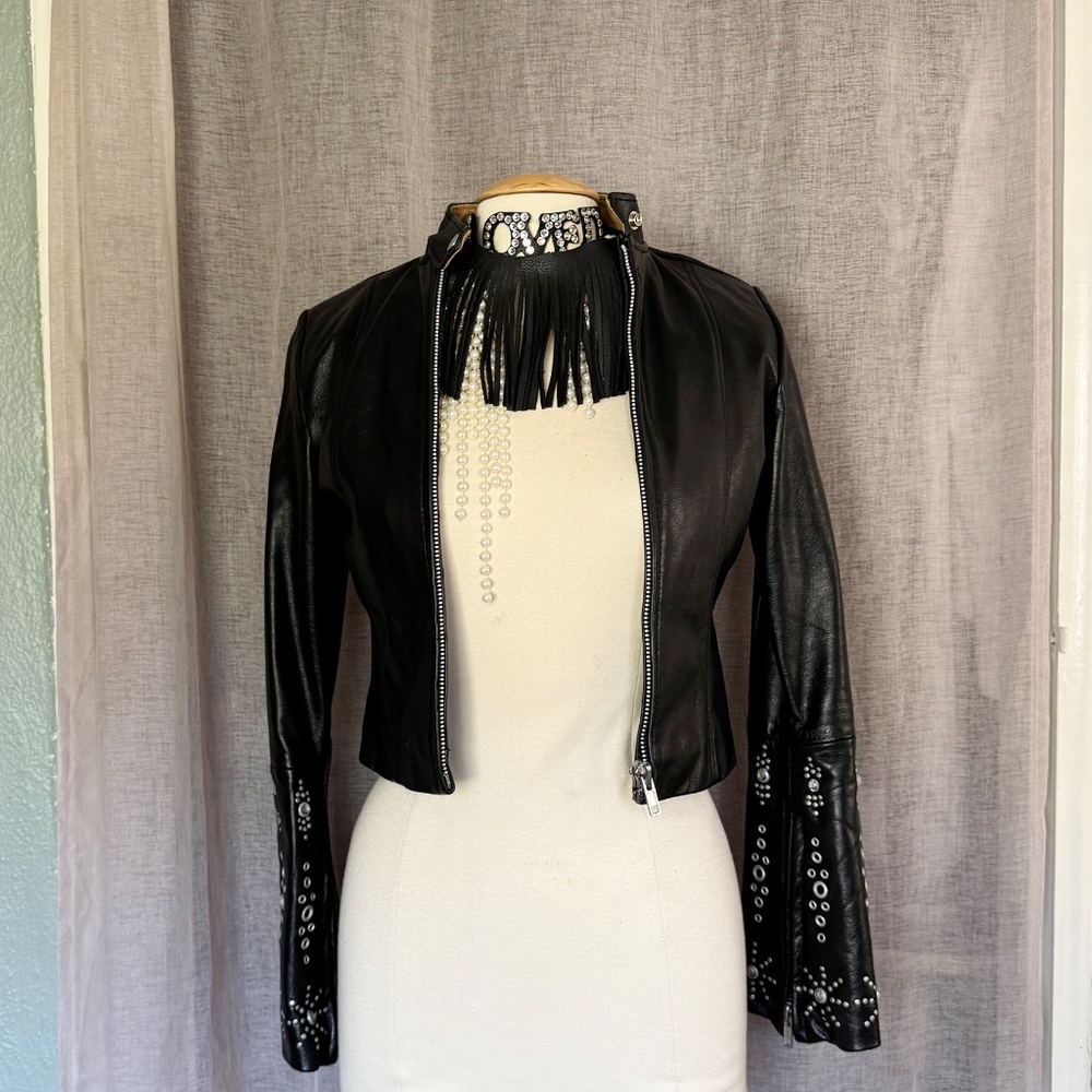 VON DUTCH ORIGINALS RARE Vintage Leather MOTO Biker Jacket Studded Womens Y2k